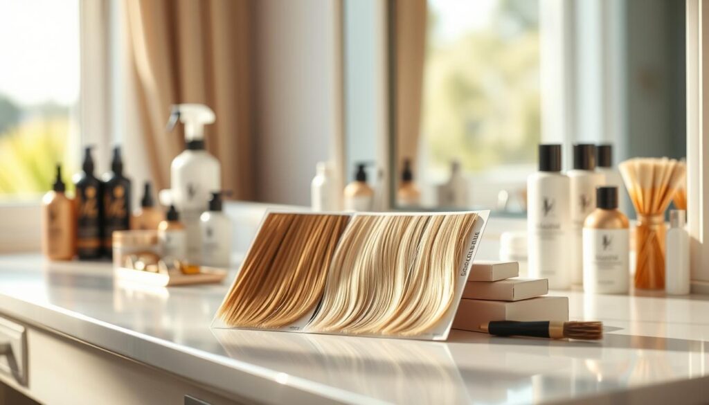 A pristine vanity top with various hair care products and accessories, including several shades of blonde hair color samples displayed elegantly. Soft, natural lighting from a large window illuminates the scene, casting a warm, inviting glow. The focus is on the hair color swatches, allowing the viewer to closely examine the different tones and undertones. The background is blurred, creating a shallow depth of field and drawing the eye to the central elements. The overall mood is one of refinement, highlighting the process of selecting the perfect blonde shade to complement the individual's skin tone.