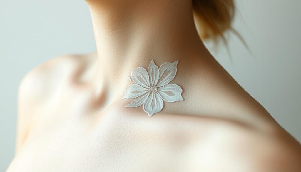 A pristine white canvas showcases delicate, intricate white ink tattoos. Flowing lines and elegant highlights create mesmerizing patterns that captivate the eye, from intricate floral motifs to minimalist geometric designs. The skin becomes a breathtaking gallery, illuminated by soft, natural lighting that accentuates the subtle depth and texture of the ink. The overall mood is one of understated elegance and refined artistry, inviting the viewer to appreciate the beauty of these white-on-white creations. A sense of harmony and balance pervades the scene, highlighting the remarkable skill and artistry of the tattoo artists who bring these white-ink visions to life.