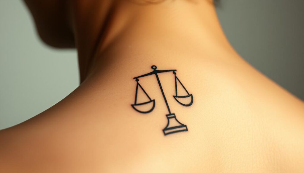 A realistic close-up photograph of a detailed "moisture balance" tattoo on human skin, capturing the intricate linework and shading. The tattoo design features a delicate balance scale with water droplets, symbolizing the importance of maintaining proper hydration and moisture levels during the tattoo healing process. The lighting is soft and diffused, creating a warm, natural glow on the skin. The composition focuses on the tattoo, with a clean, minimalist background that allows the design to be the central focus. The image conveys a sense of tranquility and the understanding of the vital role that Aquaphor plays in supporting the tattoo's healing journey.