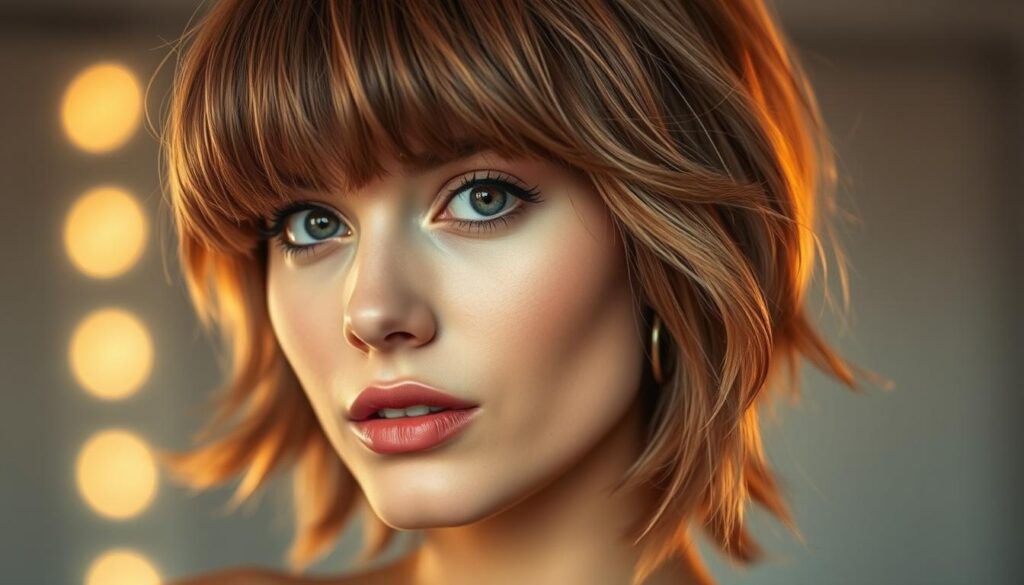 A retro-inspired shaggy hairstyle with distinctive bottleneck bangs, captured in a medium close-up shot against a softly blurred background. The hair has a textured, layered look with a hint of volume and movement, conveying a carefree, 70s-inspired aesthetic. The lighting is warm and diffused, creating a flattering, glamorous effect. The model's face is framed by the softly wispy, feathered bangs, drawing attention to the eyes and creating an effortless, lived-in look. The overall mood is one of vintage-inspired elegance and effortless style.