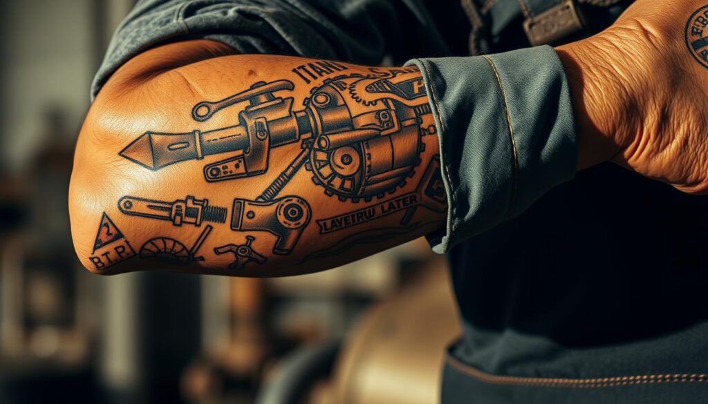 A rugged, blue-collar worker's arm, sleeve rolling up to reveal a tapestry of tattoos - intricate designs of industrial tools, machinery, and working-class iconography. The skin is weathered, with scars and calluses that tell a story of hard labor. The tattoos are bold, with a gritty, textured quality, as if etched into the flesh. The lighting is dramatic, casting shadows that accentuate the musculature and the inked designs. The composition places the arm in the foreground, with a blurred industrial backdrop hinting at the wearer's profession. The overall mood is one of pride, resilience, and the enduring spirit of the working class.