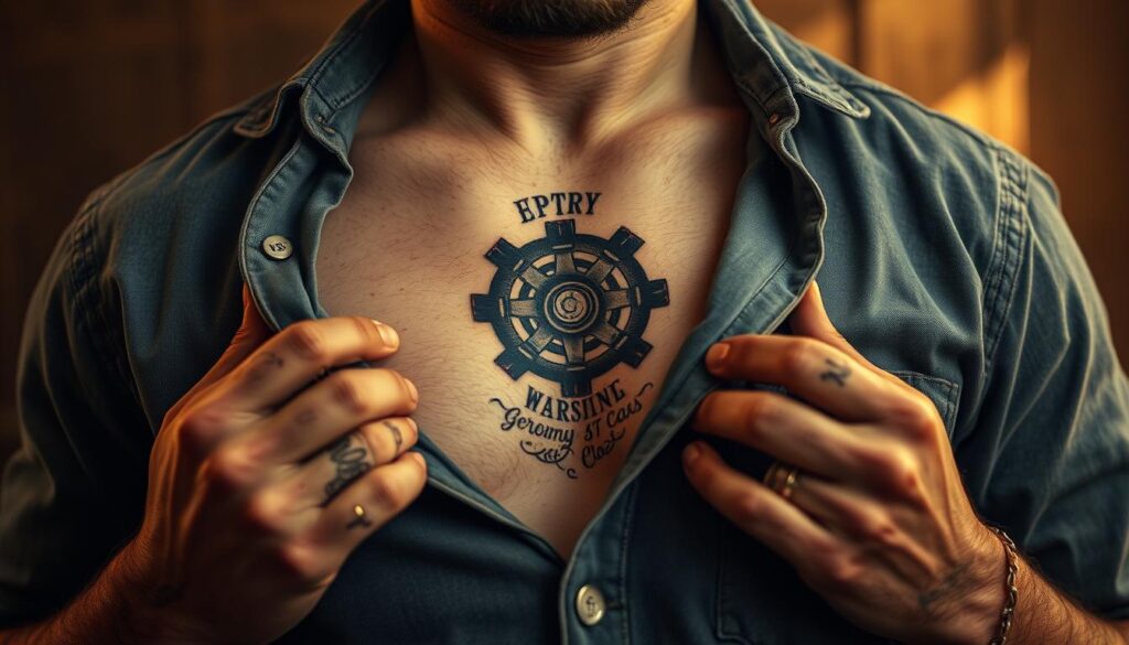 A rugged, well-worn blue collar shirt with an intricate tattoo design gracing the prominent collarbone area. The tattoo features a symbolic, industrial-inspired motif - gears, bolts, and metallic accents - evocative of manual labor and working-class pride. Warm, diffused lighting casts dramatic shadows, emphasizing the sculpted, masculine features. The camera angle is slightly elevated, capturing the tattoo in sharp detail while providing a glimpse of the weathered, calloused hands of the wearer. The overall tone is one of gritty authenticity, reflecting the hardships and triumphs of the blue-collar lifestyle.