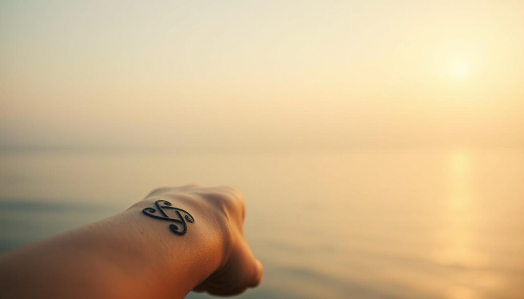 A serene and contemplative scene featuring a wrist tattoo that captures the essence of mental health, faith, and strength. In the foreground, a delicate, intricate symbol emerges, its intricate lines and curves symbolizing the complexities of the human experience. The middle ground showcases a tranquil, minimalist background, allowing the tattoo design to take center stage. Soft, warm lighting casts a gentle glow, creating a sense of introspection and inner peace. The overall composition is balanced and harmonious, inviting the viewer to pause and reflect on the deeper meanings behind the symbolic imagery.