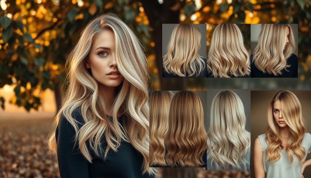 A serene autumnal scene showcasing a diverse range of seasonal blonde hair colors and tones. In the foreground, a model poses gracefully, her hair cascading in soft, natural waves that catch the warm, diffused lighting. Midground features an array of blonde hues, from golden sun-kissed to cool, ashy shades, each complemented by a variety of hairstyles - from shoulder-length bobs to long, flowing locks. The background depicts a tranquil, leafy environment, with a palette of earthy tones and a hint of golden sunlight filtering through the foliage, creating a cozy, inviting atmosphere.