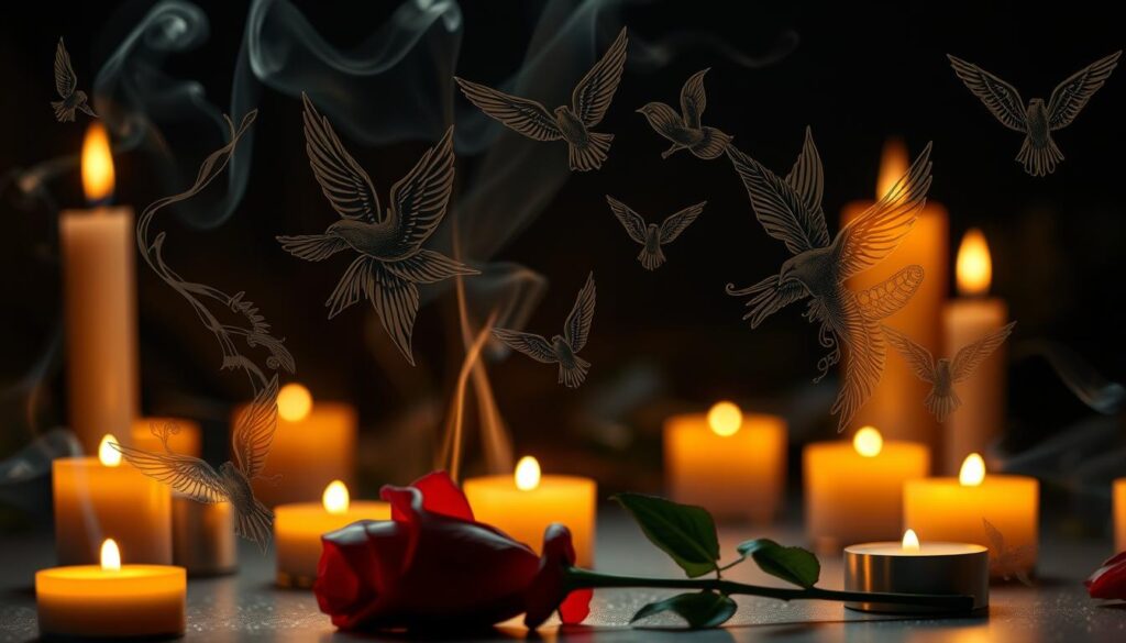 A serene, candlelit memorial space, with delicate, intricate tattoo designs floating ethereally in the air. Wispy smoke from lit candles drifts through the frame, casting a warm, reflective glow. In the foreground, a single red rose lays among the designs, a symbol of love and remembrance. The tattoos themselves are highly detailed, featuring symbolic imagery like doves, feathers, and intertwined vines, capturing the essence of a life well-lived. The overall mood is one of reverence, tranquility, and a celebration of the individual's enduring legacy.