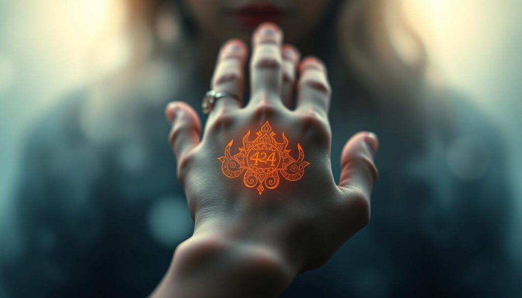 A serene, close-up portrait of a hand holding a glowing, ethereal 444 tattoo against a softly blurred, mystical background. The tattoo is intricately detailed, with intricate patterns and a warm, golden hue that radiates a sense of spiritual significance. The lighting is soft and diffused, creating a tranquil, contemplative atmosphere. The composition emphasizes the hand and tattoo, placing them in the center of the frame and allowing the background to fade into a hazy, dreamlike quality. The overall tone evokes a feeling of introspection, connection, and the transcendent power of symbolic markings.