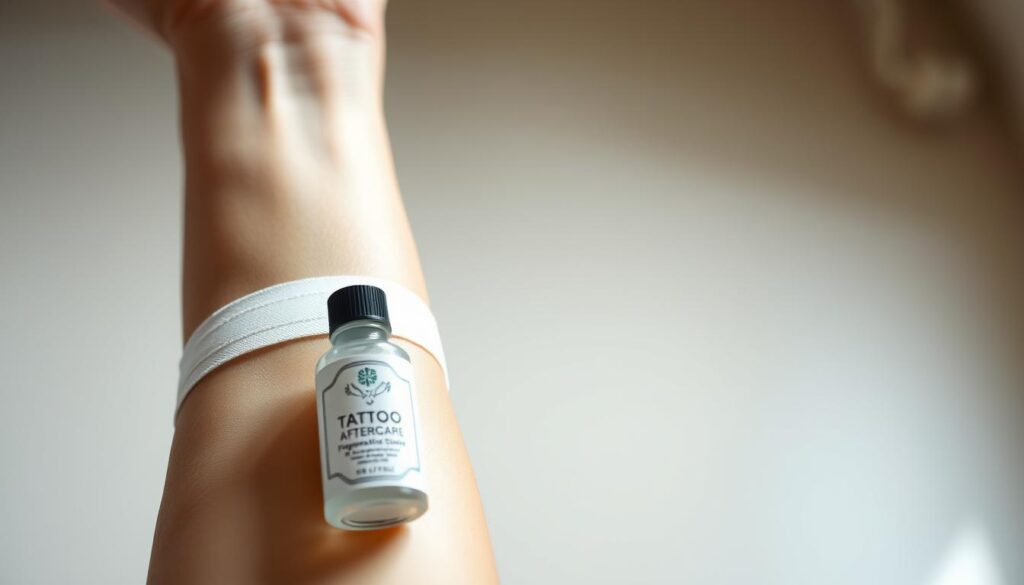 A serene, close-up shot of a person's forearm, showcasing a freshly-inked tattoo. The skin is glowing with a healthy, hydrated sheen, reflecting the soft, diffused lighting. In the foreground, a small bottle of fragrance-free tattoo aftercare ointment rests on the arm, its label prominently displayed. In the middle ground, a clean, white bandage gently wraps around the tattoo, protecting it from external irritants. The background fades into a tranquil, neutral-toned setting, emphasizing the focus on the tattoo's care and maintenance. The overall mood is one of attentive, soothing self-care, conveying the importance of proper skin preparation and aftercare for stunning, long-lasting leg tattoos.