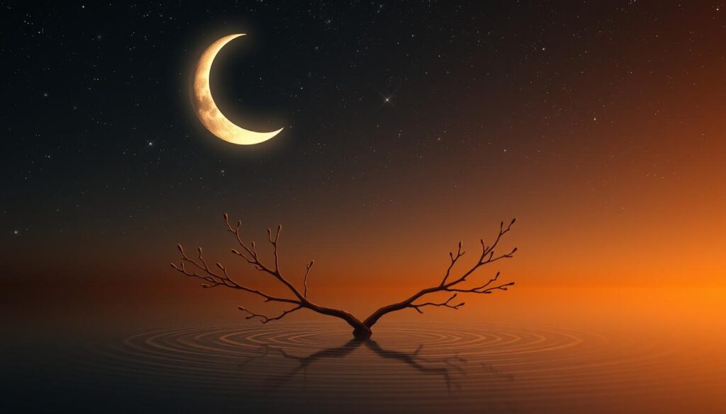 A serene, crescent moon floating in a starry night sky, casting a soft, ethereal glow over a tranquil, balanced landscape. In the foreground, two delicate, intertwined branches symbolize the harmony and connection between best friends. The moon's luminous reflection ripples across a still, glassy pond, creating a sense of balance and symmetry. The scene is bathed in a warm, amber hue, evoking a cozy, intimate atmosphere. Capture the moon's calming presence and the cherished bond between two individuals with this beautifully composed image.