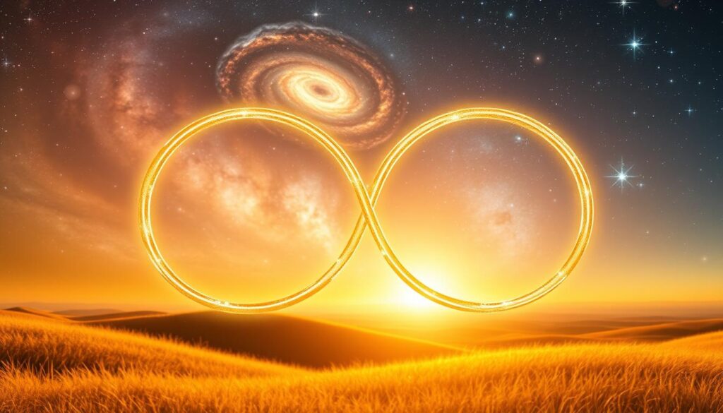 A serene, ethereal landscape bathed in a warm, golden glow. In the foreground, an infinite loop of interlocking circles, each a shimmering, translucent hue, symbolizing the endless, unbreakable bond between a mother and son. The middle ground features a breathtaking celestial backdrop, with swirling galaxies, nebulae, and stars twinkling with an otherworldly radiance. In the distance, a horizon line blurs the distinction between the physical and the metaphysical, hinting at the boundless nature of maternal love. The scene is imbued with a sense of timelessness, inviting the viewer to contemplate the profound and unconditional nature of this sacred relationship.