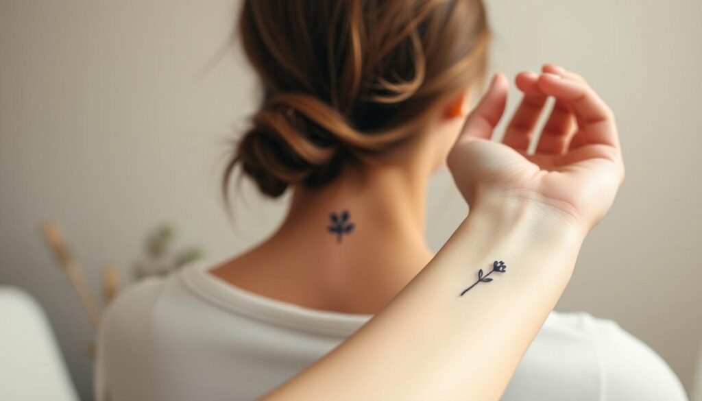 A serene, minimalist scene depicting placement ideas for subtle remembrance tattoos. In the foreground, a delicate wrist with a small, elegant tattoo of a single flower or leaf, conveying a sense of quiet reverence. The middle ground showcases a thoughtfully placed tattoo on the back of the neck, nestled between wispy strands of hair. In the background, a tranquil, softly lit setting, perhaps a serene nature scene or a calming, neutral-toned interior, creating an atmosphere of introspection and personal reflection. The lighting is gentle, casting a warm, meditative glow, and the camera angle is slightly elevated, lending a contemplative, almost ethereal quality to the composition.