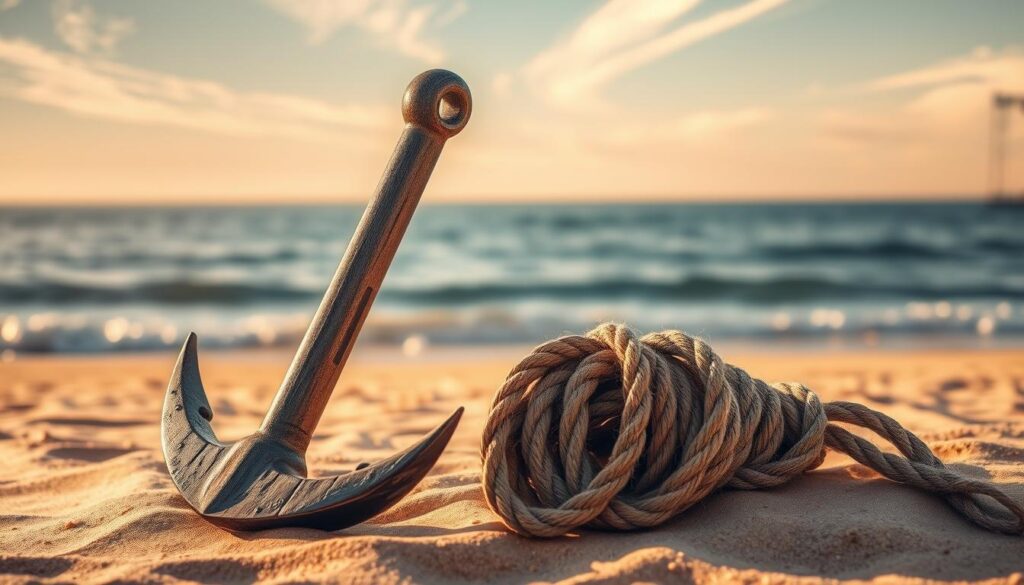 A serene nautical scene with a weathered wooden anchor and a coil of sturdy rope placed artfully on a sandy beach. Warm, golden sunlight filters through wispy clouds, casting soft shadows and highlights. The anchor's weathered metal surface reflects the light, while the rope's intricate textures add depth and interest. In the background, a tranquil ocean horizon stretches out, with gentle waves lapping at the shore. The composition evokes a sense of stability, strength, and the timeless beauty of the sea.