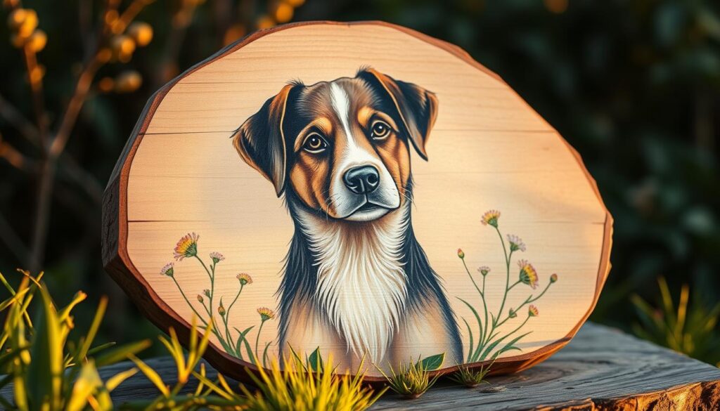 A serene pet memorial composed of a wooden plaque with a soft, hand-painted portrait of a beloved companion animal, surrounded by delicate wildflowers and greenery. The image is illuminated by warm, golden natural lighting, as if bathed in the gentle embrace of the setting sun. The overall tone is one of heartfelt remembrance, a quiet tribute to the cherished memories and unconditional love shared between a human and their furry friend.