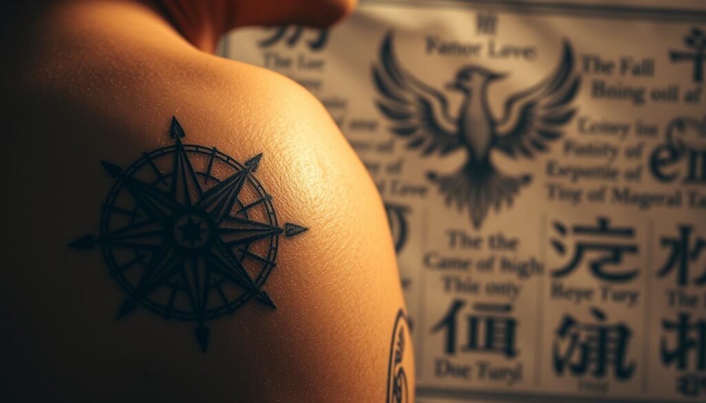 A serene tableau of historical remembrance tattoos, capturing the timeless essence of honoring loved ones. In the foreground, an ornate compass design etched into weathered skin, tracing the journey of generations. Mid-frame, a delicate, intricately-shaded phoenix rising from ashes, symbolizing rebirth and eternal memory. The background whispers of ancient symbols and script, hinting at the rich tapestry of tattoo traditions across cultures. Warm, muted lighting casts a contemplative glow, evoking a sense of reverence and the weight of cherished legacies. Shadows and highlights intertwine, subtly revealing the depth and nuance of these meaningful commemorative artworks. A serene tableau of historical remembrance tattoos, capturing the timeless essence of honoring loved ones. In the foreground, an ornate compass design etched into weathered skin, tracing the journey of generations. Mid-frame, a delicate, intricately-shaded phoenix rising from ashes, symbolizing rebirth and eternal memory. The background whispers of ancient symbols and script, hinting at the rich tapestry of tattoo traditions across cultures. Warm, muted lighting casts a contemplative glow, evoking a sense of reverence and the weight of cherished legacies. Shadows and highlights intertwine, subtly revealing the depth and nuance of these meaningful commemorative artworks.