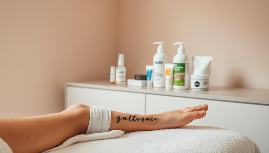 A serene, well-lit studio setting with a clean, minimal aesthetic. In the foreground, a person's foot rests gently on a soft, white towel, the fresh tattoo bandaged and tended to with care. The middle ground features various aftercare products - soothing ointments, gentle cleansers, and protective wraps - neatly arranged on a sleek, wooden surface. The background has a muted, pastel color palette, creating a calming, meditative atmosphere that emphasizes the importance of proper tattoo aftercare and maintenance.