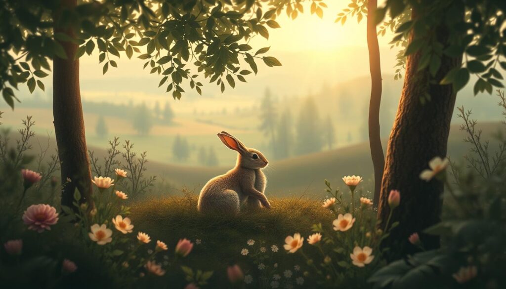 A serene woodland setting with a delicate, intertwined couple of animals nestled amidst lush foliage and delicate floral motifs. Soft, muted lighting filters through the canopy, casting a warm, dreamy glow over the tranquil scene. The animals, perhaps rabbits or deer, are posed in a loving embrace, their forms blending seamlessly with the organic elements surrounding them. The background features a hazy, impressionistic landscape of rolling hills, distant trees, and a hint of a meandering stream or pond. The overall mood is one of gentle intimacy, romance, and the peaceful harmony of nature.