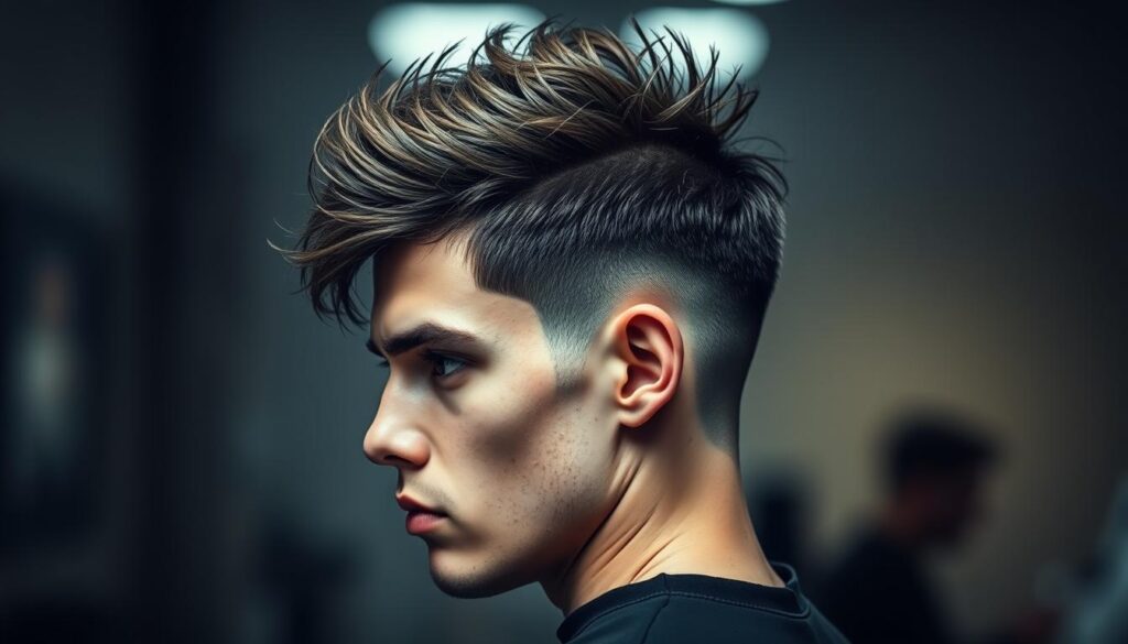 A sharp, high-contrast high taper fade haircut on a male model with a serious, pensive expression. The foreground shows the intricate, finely-tapered sides and back, with the disconnected top hair styled in a modern, textured look. The middle ground reveals the model's face in profile, highlighting the clean lines and angles of the fade. The background is blurred, creating a moody, atmospheric setting that draws focus to the technical precision of the haircut.