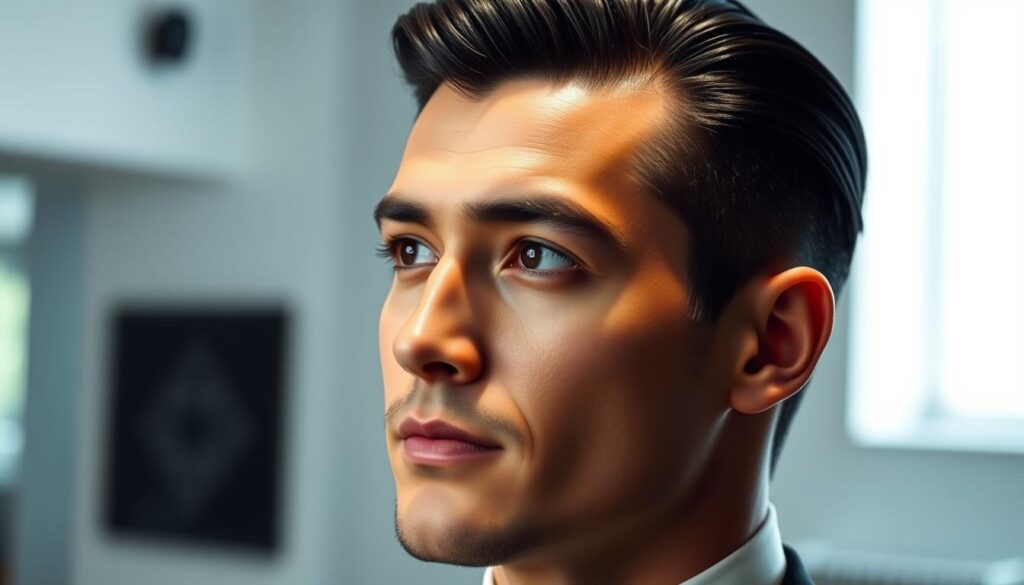 A sharp-looking man with slick, gelled-back dark hair styled with a high-shine finish. He has a confident, polished expression as he gazes off to the side. The lighting is soft and directional, creating subtle shadows and highlights that accentuate the sleekness of his hairstyle. The background is a simple, elegant setting, perhaps a modern office or loft, allowing the subject to be the focal point. The overall mood is one of sophistication, professionalism, and effortless cool.