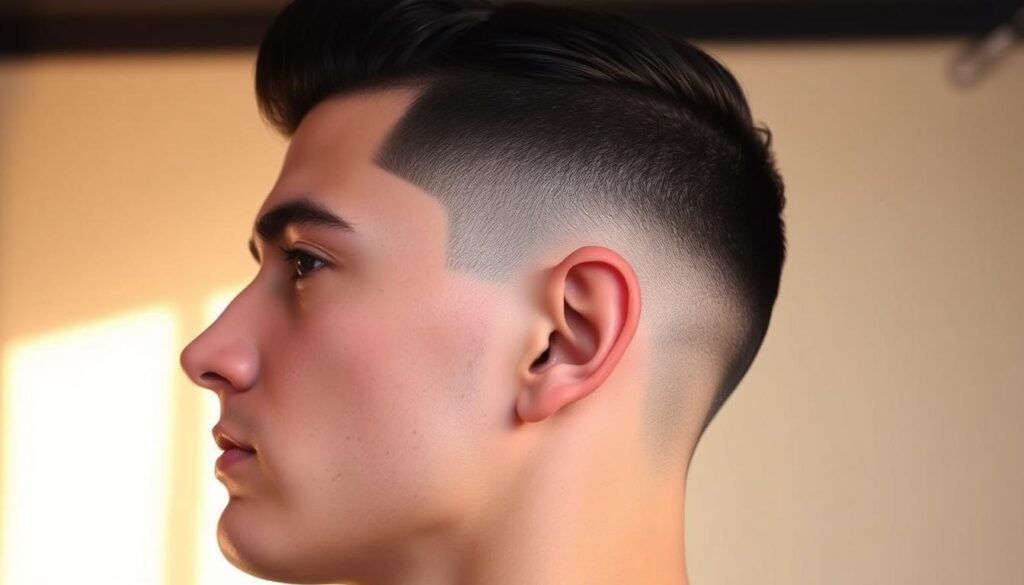 A sharply faded hairstyle with intricate contours around the ear, creating a dynamic drop fade effect. The hairline is precisely trimmed, tapering into a smooth transition from the sideburns. Soft, warm lighting from above casts subtle shadows, accentuating the crisp lines and sculpted shape. The model's head is turned slightly, showcasing the unique geometry of the drop fade design against a minimalist, blurred background, allowing the hairstyle to be the central focus.