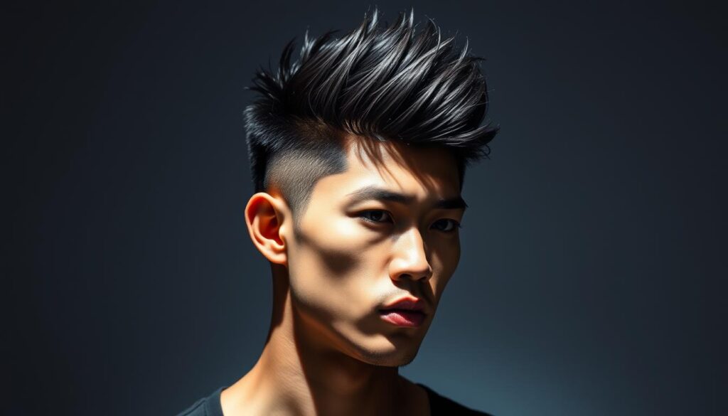 A sharply styled Asian male with a sleek, low-cut undercut and textured, spiky hair on top. Dramatic studio lighting casts dramatic shadows, highlighting the model's chiseled features. The background is a simple, clean backdrop, allowing the hairstyle to take center stage. The overall atmosphere is modern, edgy, and high-impact, capturing the essence of a "short cut with maximum impact" for the article's subject.