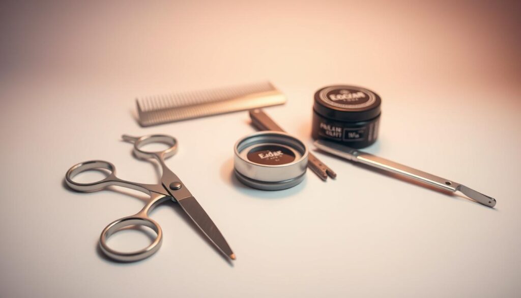 A sleek and modern collection of grooming tools rests upon a minimalist white surface. In the foreground, a pair of sharp, precision-engineered hair scissors gleam under warm studio lighting, hinting at the clean, tailored look they can achieve. Nearby, a traditional straight razor and a stainless steel comb sit beside a small jar of high-quality pomade, the essential products for crafting the perfect Edgar haircut. The background fades to a soft, neutral gradient, allowing the tools to take center stage and showcase their function and form.
