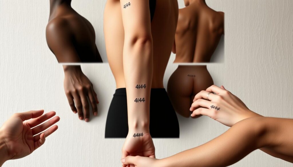 A sleek, minimalist photo showcasing various tattoo placements on a neutral, textured background. In the foreground, a hand, wrist, arm, and shoulder are displayed, each adorned with a simple, elegant "444" tattoo design in a delicate, cursive font. The lighting is soft and diffused, highlighting the intricate details of the ink. In the middle ground, additional body parts - such as a back, ribcage, or thigh - are subtly visible, also bearing the "444" motif, arranged in a visually appealing composition. The overall mood is one of sophistication and understated beauty, inviting the viewer to imagine the perfect placement for their own "444" tattoo.