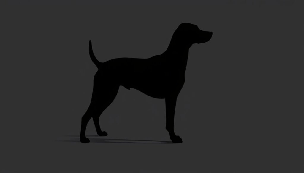 A sleek, minimalist silhouette of a dog's profile, captured in a moody, atmospheric setting. The figure is depicted in a sharp, high-contrast monochrome palette, with a smooth, inky black outline against a muted, shadowy background. The composition is balanced and elegant, emphasizing the graceful lines and striking negative space. Dramatic, side-lighting casts dramatic shadows, adding depth and dimensionality to the design. The overall aesthetic is sophisticated and refined, perfectly suited for a bold, contemporary dog tattoo design.