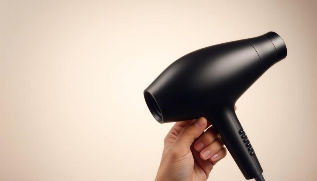 A sleek, modern-looking blow dryer with a stylish matte black finish, held in a well-lit, minimalist studio setting. The blow dryer is the central focus, positioned in the foreground with a soft, even lighting illuminating its form. The background is a clean, simple backdrop, allowing the product to take center stage. The entire scene conveys a sense of sophistication and attention to detail, perfectly complementing the "Styling the modern mullet: products, tools, and routines" section of the article.