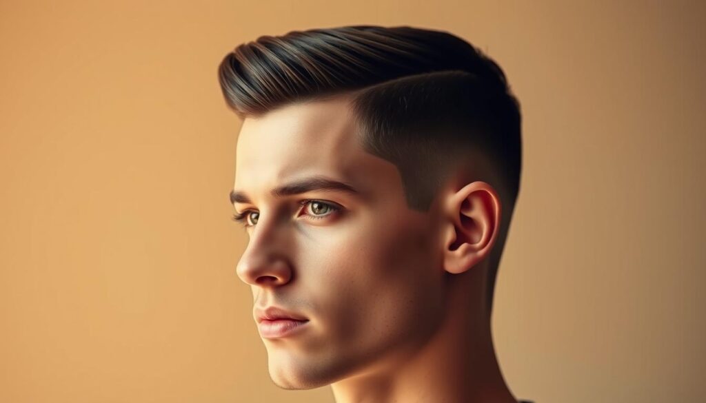 A sleek, modern men's haircut showcasing a mid fade. The sides are closely trimmed, gradually transitioning to longer hair at the crown. Crisp, clean lines define the tapered edges, creating a balanced, polished look. Warm, soft lighting casts gentle shadows, accentuating the depth and texture of the style. The model's expression is calm and confident, their gaze direct. The background is minimalist, allowing the focus to remain on the intricate details of the mid fade haircut.
