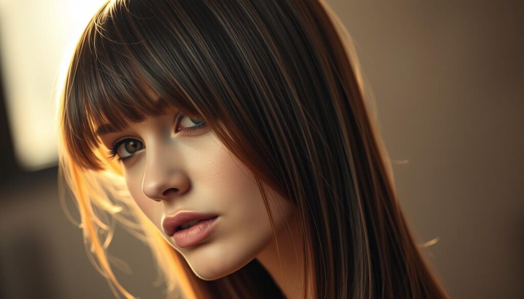 A sleek, straight-haired model with a modern shag haircut, tilting their head slightly to the side. The lighting is soft and diffused, creating a warm, inviting atmosphere. The focus is on the model's face, which is framed by textured, layered strands that add edge and movement to the style. The background is blurred, allowing the hairstyle to be the central point of interest. The overall aesthetic is polished yet edgy, reflecting the "Straight hair shag: sleek lines with edge" theme.