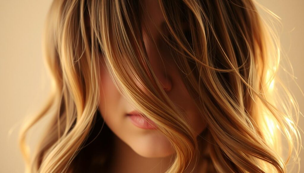 A softly lit, close-up photograph of medium-length, wavy hair falling across a face in a delicate, face-framing curtain. The strands are a rich, dimensional brown with sun-kissed highlights, flowing with a natural, feathery softness. The lighting is warm and diffused, creating a gentle, ethereal glow that accentuates the movement and texture of the hair. The camera angle is slightly elevated, capturing the hair as it descends in a graceful cascade, framing the features with a sense of effortless elegance.
