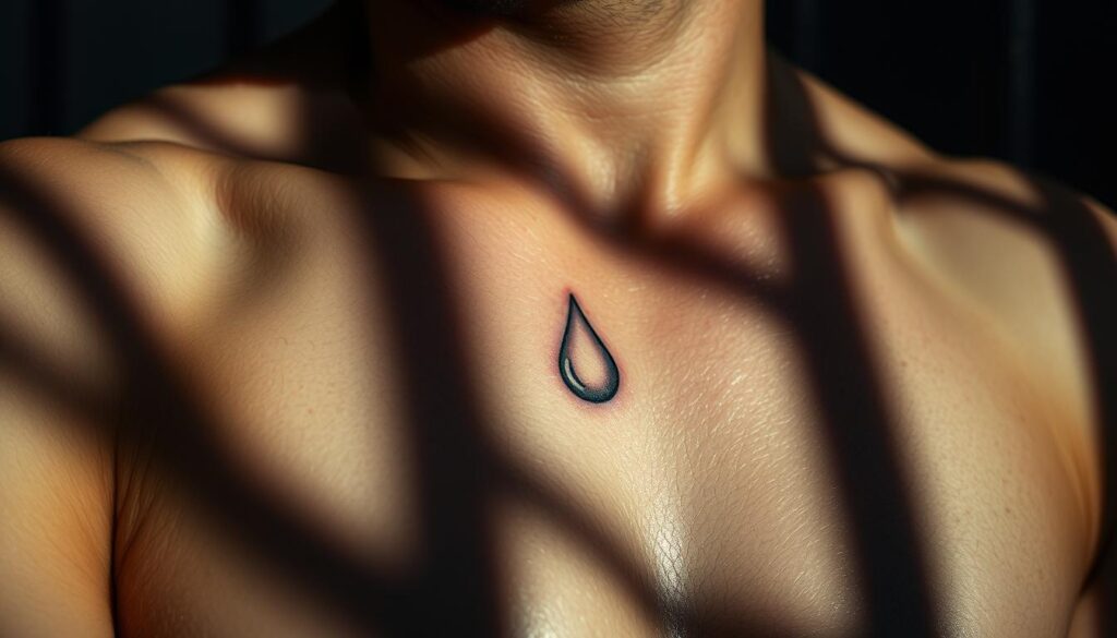 A solitary teardrop tattoo sits glistening on the weathered skin of a prison inmate, casting a somber, introspective air. The tattoo's simple, yet evocative design takes center stage, its fluid lines and gentle curves conveying a complex emotional weight. The lighting is dramatic, casting deep shadows that accentuate the tattoo's contours, imbuing it with a sense of gravitas and significance. The background is blurred, allowing the viewer to focus solely on the tattoo and its weighty symbolism, a stark reminder of the hardships and sacrifices endured within the prison system.