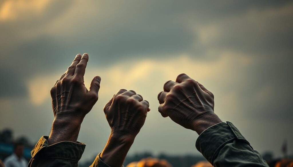 A somber service memorial with a pair of strong, weathered arms reaching skyward, hands clasped in solemn remembrance. The foreground features a detailed, lifelike rendering of the crossed arms, etched with the marks of a life of service - scars, calluses, and the faded ink of past commemorations. The middle ground blurs into a soft, hazy backdrop of muted grays and blues, evoking the melancholy atmosphere of a funeral procession. Warm, directional lighting casts dramatic shadows, lending a reverent, almost sacred quality to the scene. The composition is tightly framed, drawing the viewer's focus solely to the expressive, emotive gesture of the arms - a tangible manifestation of grief, honor, and the weighty legacy of those who have answered the final call. A somber service memorial with a pair of strong, weathered arms reaching skyward, hands clasped in solemn remembrance. The foreground features a detailed, lifelike rendering of the crossed arms, etched with the marks of a life of service - scars, calluses, and the faded ink of past commemorations. The middle ground blurs into a soft, hazy backdrop of muted grays and blues, evoking the melancholy atmosphere of a funeral procession. Warm, directional lighting casts dramatic shadows, lending a reverent, almost sacred quality to the scene. The composition is tightly framed, drawing the viewer's focus solely to the expressive, emotive gesture of the arms - a tangible manifestation of grief, honor, and the weighty legacy of those who have answered the final call.