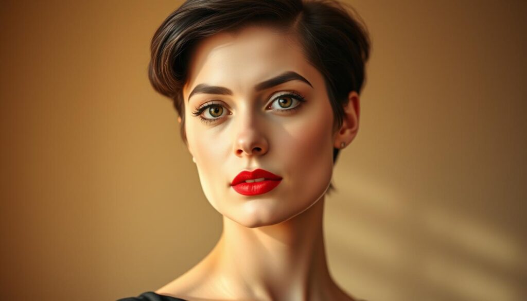 A sophisticated 1950s woman, her short hair styled in a chic, classic pixie cut. Soft natural lighting illuminates the delicate features of her face, casting gentle shadows that accentuate the sharp angles of her jawline and cheekbones. She gazes confidently towards the camera, her expression conveying a sense of effortless elegance. The background is a warm, neutral-toned interior, hinting at a cozy, intimate setting that complements the timeless charm of her hairstyle. Crisp details and a high-fidelity rendering bring this vintage-inspired portrait to life with a sense of timeless beauty.