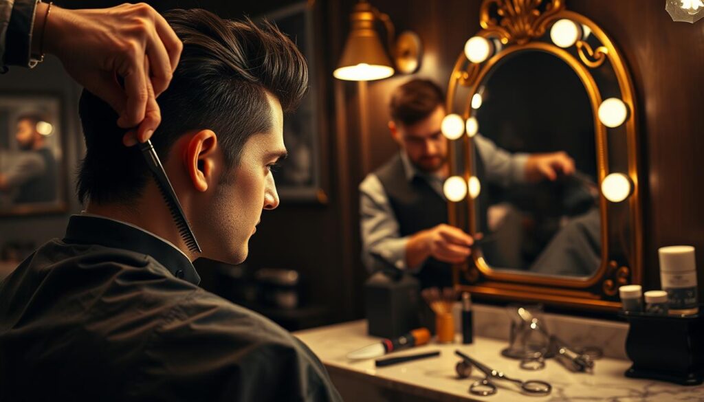 A sophisticated barber's studio, dimly lit with warm, golden tones. In the foreground, a close-up view of a skilled barber's hands deftly cutting and styling a classic mullet haircut. The client's hair is meticulously groomed, with sharp, clean lines and a voluminous, textured silhouette. In the middle ground, the barber's tools – scissors, combs, and brushes – are artfully arranged on a vintage marble countertop. The background features a vintage-inspired mirror, reflecting the barber's focused expression and the client's transformed look. The atmosphere is one of precision, expertise, and a reverence for the art of traditional barbershop grooming.