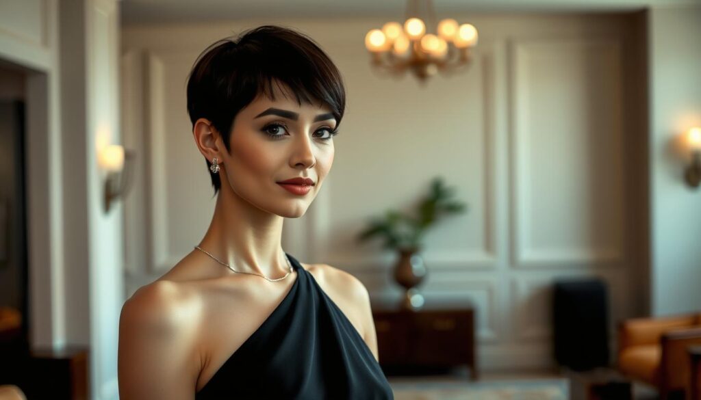 A sophisticated woman with a short, boyish haircut stands confidently in a well-lit formal setting. The subject is elegantly dressed in a sleek black evening gown, complemented by subtle silver jewelry. The lighting is soft and warm, creating a flattering glow on her face. The background is a classic, minimalist interior with clean lines and muted tones, allowing the subject to be the focal point. The overall atmosphere conveys a sense of effortless grace and timeless style, showcasing how a short, boyish haircut can be seamlessly integrated into a formal, high-fashion aesthetic.