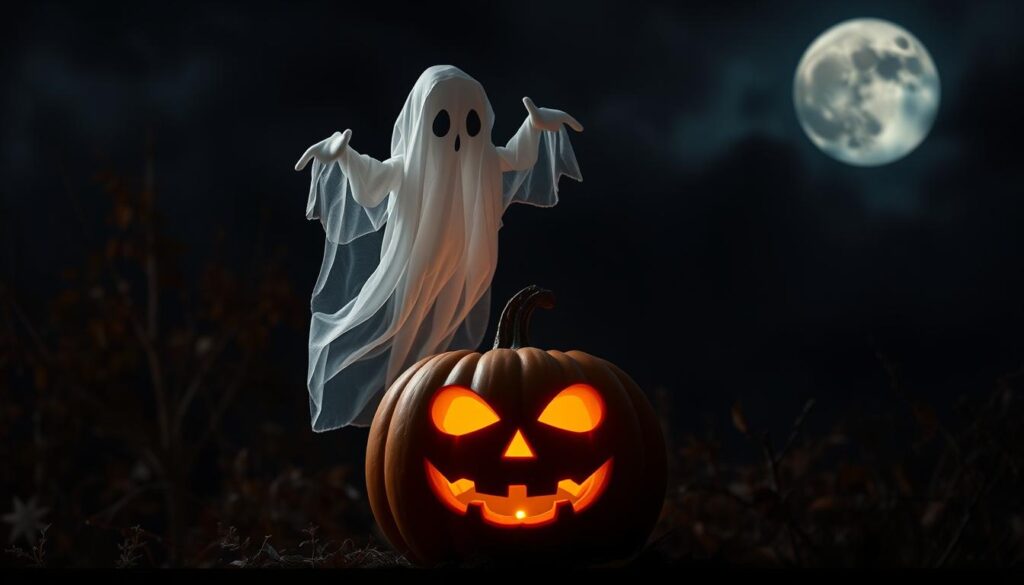 A spoopy ghost, its wispy form emanating an eerie, ethereal glow, hovers above a carved pumpkin. The pumpkin's jack-o'-lantern face is illuminated from within, casting a soft, warm light that contrasts with the ghost's chilling presence. The scene is set against a moody, autumnal background, with a hint of a full moon peeking through a veil of dark clouds. The lighting is dramatic, creating deep shadows and highlights that accentuate the spooky, yet whimsical, atmosphere. The overall composition is balanced and visually striking, inviting the viewer to explore the haunting, yet endearing, tableau.