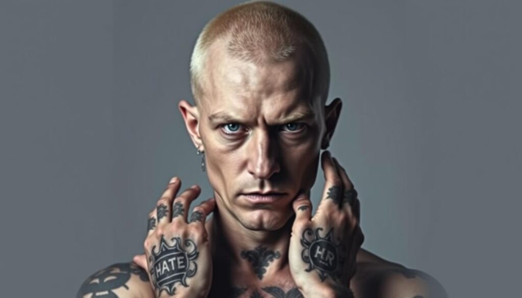 A stark, high-contrast portrait of a white supremacist. The subject's face is in sharp focus, their gaze intense and uncompromising. Their skin is pale, framed by close-cropped, bleached hair. Intricate, hate-filled tattoos cover their neck and hands, symbols of their extremist ideology. The background is a muted, neutral tone, keeping the attention firmly on the unsettling figure. Dramatic side lighting casts harsh shadows, lending an ominous quality. The overall mood is one of threat and uncompromising intolerance.
