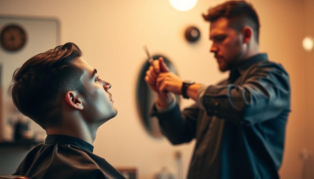 A step-by-step visual guide to expertly executing an Edgar haircut. In the foreground, a person with short dark hair sits in a barber's chair, their head tilted back slightly. The middle ground showcases a skilled barber wielding sharp scissors, carefully snipping away at the hair with precision. The background is a softly lit, minimalist barbershop interior, with clean white tiles and a vintage-inspired aesthetic. Warm, directional lighting casts dramatic shadows, highlighting the intricate movements of the barber's hands. The overall mood is one of focused craftsmanship, guiding the viewer through the process of achieving the perfect Edgar look at home.