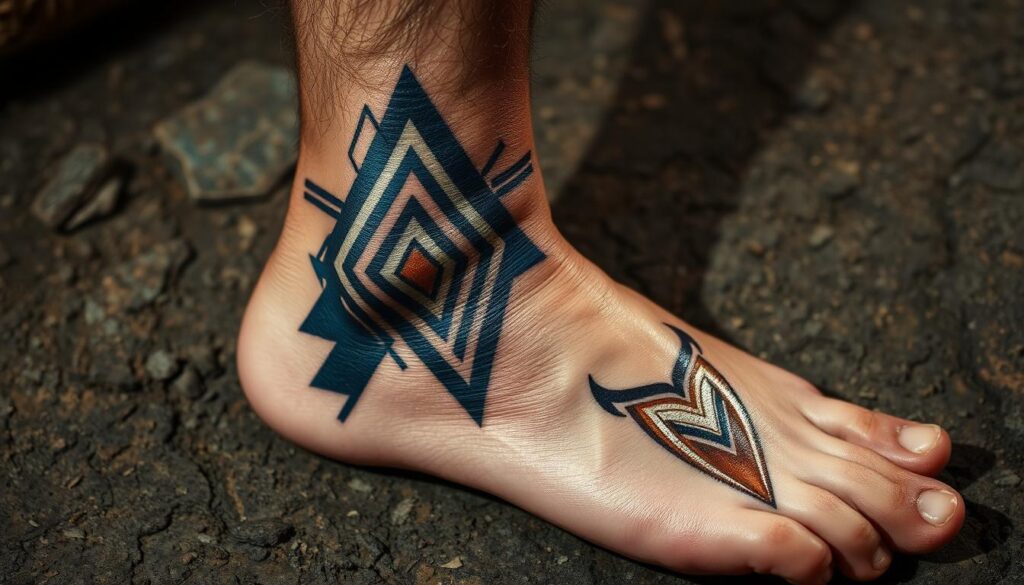 A striking ankle tattoo design featuring bold, angular lines and geometric patterns in a mix of deep blues, metallic silvers, and warm browns. The tattoo is showcased against a backdrop of a rugged, weathered leg, with the skin's texture and hairs adding depth and realism. The lighting is dramatic, casting dramatic shadows and highlights to accentuate the tattoo's intricate details. The overall composition focuses on the ankle, with a slight tilt and close-up framing to emphasize the bold, masculine nature of the design.