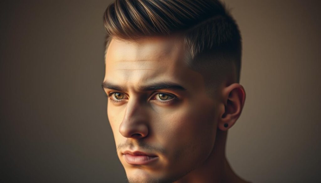 A striking close-up portrait of a man's head, with the hair fading seamlessly from dark roots to light tips. Soft, warm lighting illuminates the face, casting subtle shadows that accentuate the natural contours. The camera is positioned at a slight angle, creating a dynamic, three-dimensional effect. The subject's expression is calm and introspective, inviting the viewer to study the intricate details of the fade. The background is blurred, keeping the focus firmly on the central figure and the artistry of the hairstyle.