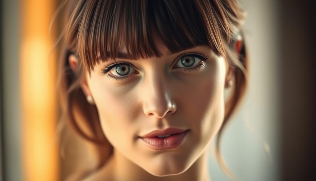A striking close-up portrait of a woman with face-framing bangs in a soft, natural lighting setup. The subject's gaze is direct and confident, conveying a sense of effortless style and grace. The image is focused on the face, with a shallow depth of field that blurs the background, drawing the viewer's attention to the hairstyle. The overall tone is warm and inviting, highlighting the versatility and flattering qualities of bangs for this particular face shape.