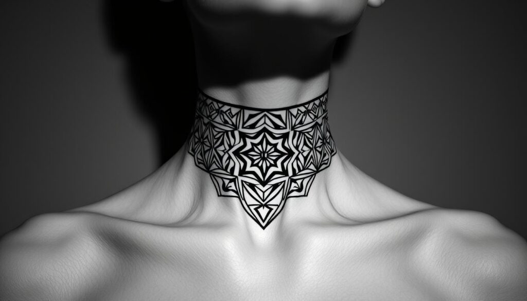 A striking geometric pattern adorns the elegant neck, meticulously crafted with clean lines and sharp angles. The design is rendered in a high-contrast monochrome palette, lending an air of precision and sophistication. The lighting is directional, casting dramatic shadows that accentuate the textural details of the intricate pattern. The angle emphasizes the graceful curve of the neck, framing it as the focal point. The overall mood is one of minimalist elegance, with the geometric design taking center stage against a neutral, subtly textured background.