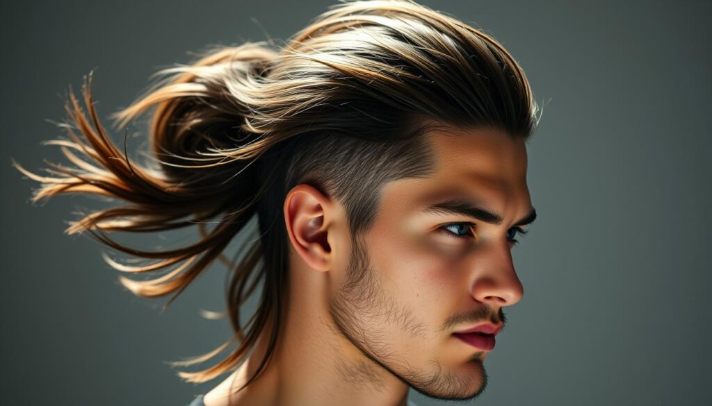 A striking portrait of a man with long, flowing hair styled in a sleek, sophisticated man bun. His features are strong and chiseled, with a thoughtful expression on his face. The lighting is soft and flattering, creating a sense of depth and dimension. The background is blurred, keeping the focus firmly on the subject's captivating hairstyle and facial details. Captured with a high-quality camera lens, the image exudes a sense of elegance and contemporary style, perfectly encapsulating the "long hair, strong style" theme.