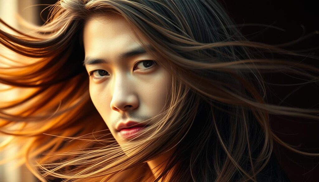 A striking portrait of an Asian male model with long, flowing hair that cascades gracefully around his face. His locks move with a natural fluidity, capturing the essence of movement and flow. The lighting is soft and diffused, casting a warm, golden glow that enhances the depth and texture of his hair. The background is subtly blurred, placing the focus solely on the intricate details and the captivating finish of this captivating hairstyle.