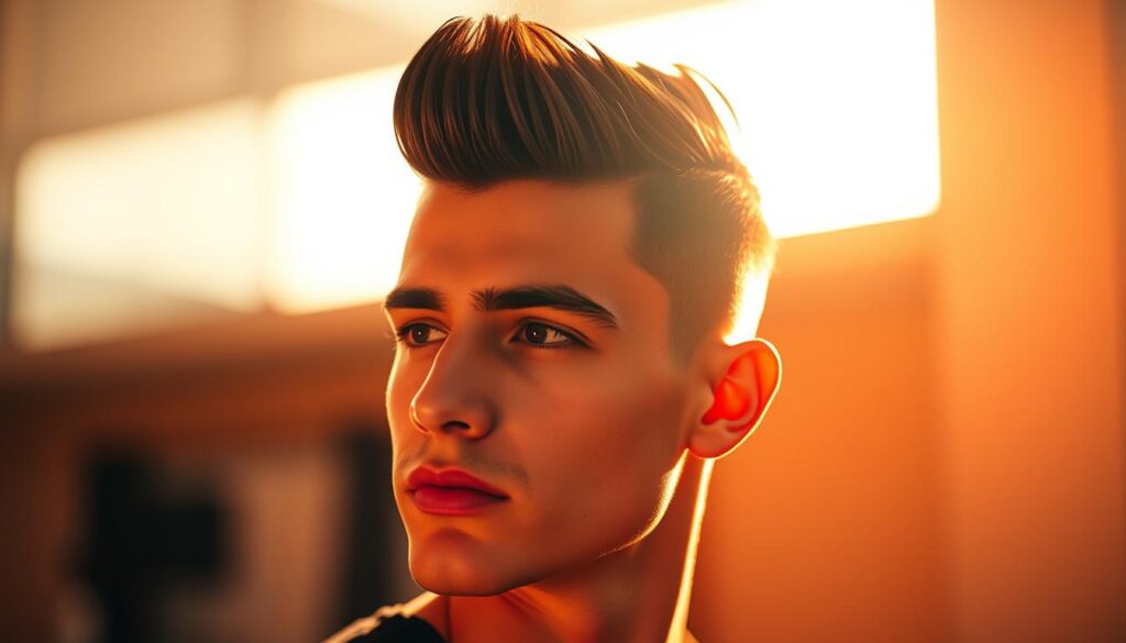 A striking portrait of an Edgar haircut, captured in rich, vibrant tones. The subject's hair is styled with meticulous precision, swept back with a touch of product-enhanced volume and definition. The lighting is warm and directional, casting dramatic shadows that accentuate the sharp features and angular lines of the hairstyle. The background is softly blurred, allowing the haircut to be the sole focus, a testament to its cultural significance and social media popularity. The overall mood is one of effortless sophistication, reflecting the timeless appeal of this iconic look.