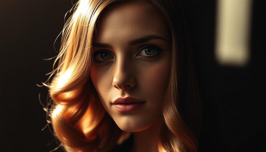 A stunning 1920s finger wave hairstyle captured in a high-contrast, dramatic lighting setup. Smooth, undulating waves of hair cascade down the model's head, framing the face with sleek, vintage-inspired elegance. The lighting casts dramatic shadows, accentuating the sculptural quality of the waves and creating an atmospheric, cinematic feel. The model's expression is serene and poised, evoking the refined glamour of the Roaring Twenties. The image is shot from a slightly elevated angle, emphasizing the graceful silhouette of the hairstyle. Soft, diffused lighting illuminates the model's features, creating a timeless, painterly aesthetic.