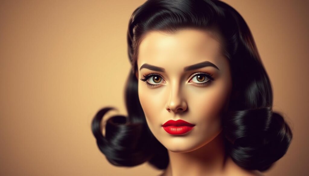 A stunning 1940s-inspired portrait of a woman with victory rolls hairstyle. Captured in soft, warm lighting that accentuates the vintage aesthetic. The subject's face is in sharp focus, with delicate makeup and elegant features. Her glossy, jet-black hair is styled in the iconic victory rolls - voluptuous, symmetrical curls that frame the face. The background is a subtle, muted tone that allows the hairstyle to take center stage. The overall mood is one of classic Hollywood glamour and timeless beauty.