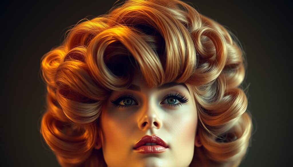 A stunning close-up of a 1960s-inspired "star hair" style, showcasing voluminous, bouffant-like curls that radiate from the model's head like celestial rays. Soft, warm lighting gently illuminates the detailed textures and sheen of the meticulously styled locks, creating an ethereal, glamorous atmosphere. The model's flawless, porcelain-like skin and elegantly arched brows further accentuate the vintage Hollywood allure. The frame is tightly composed, drawing the viewer's attention to the captivating hairstyle that embodies the vintage star power of artists like The Supremes, Dionne Warwick, and Raquel Welch.