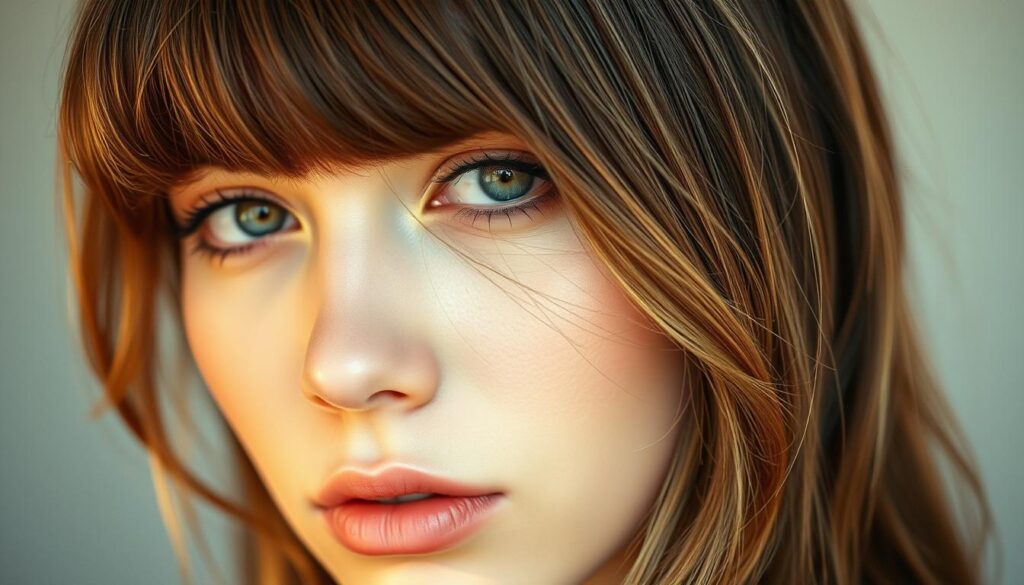 A stunning close-up portrait showcasing a model with beautifully styled curtain bangs. The hair cascades softly around the face, framing it in a flattering, wispy manner. The lighting is warm and diffused, creating a gentle, romantic atmosphere. The model's expression is serene and pensive, drawing the viewer's gaze to the intricate details of the hairstyle. The focus is sharp on the bangs, allowing the viewer to appreciate the texture, volume, and subtle highlights that define this trendy, shaggy look. The background is softly blurred, keeping the attention firmly on the subject's face and hairstyle.