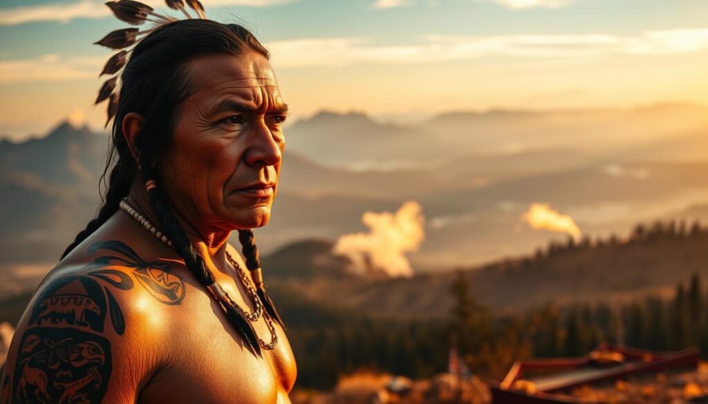 A stunning collection of traditional indigenous tattoos from across North America, showcasing the rich diversity of regional designs and symbolic meanings. In the foreground, intricate motifs of animals, celestial bodies, and geometric patterns adorn the skin of a Native American model, captured in a natural, warm-toned lighting. The middle ground reveals a sweeping landscape of mountainous terrain, forests, and coastal vistas, reflecting the varied environments of the continent. In the background, wisps of smoke and subtle hints of ancestral spirits evoke a sense of deep cultural connection and spiritual essence. Captured with a wide-angle lens to emphasize the grand scale and timeless essence of these powerful artistic traditions.